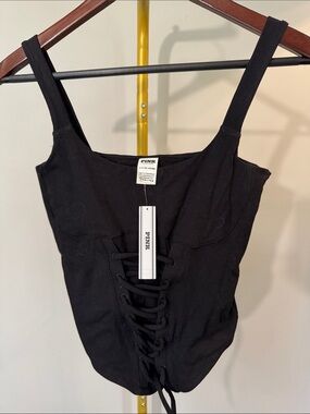 PINK Black Lace-Up Ribbed corset Tank NWT S
